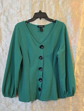 Ashley Stewart Green Button-Front V-Neck Sweater